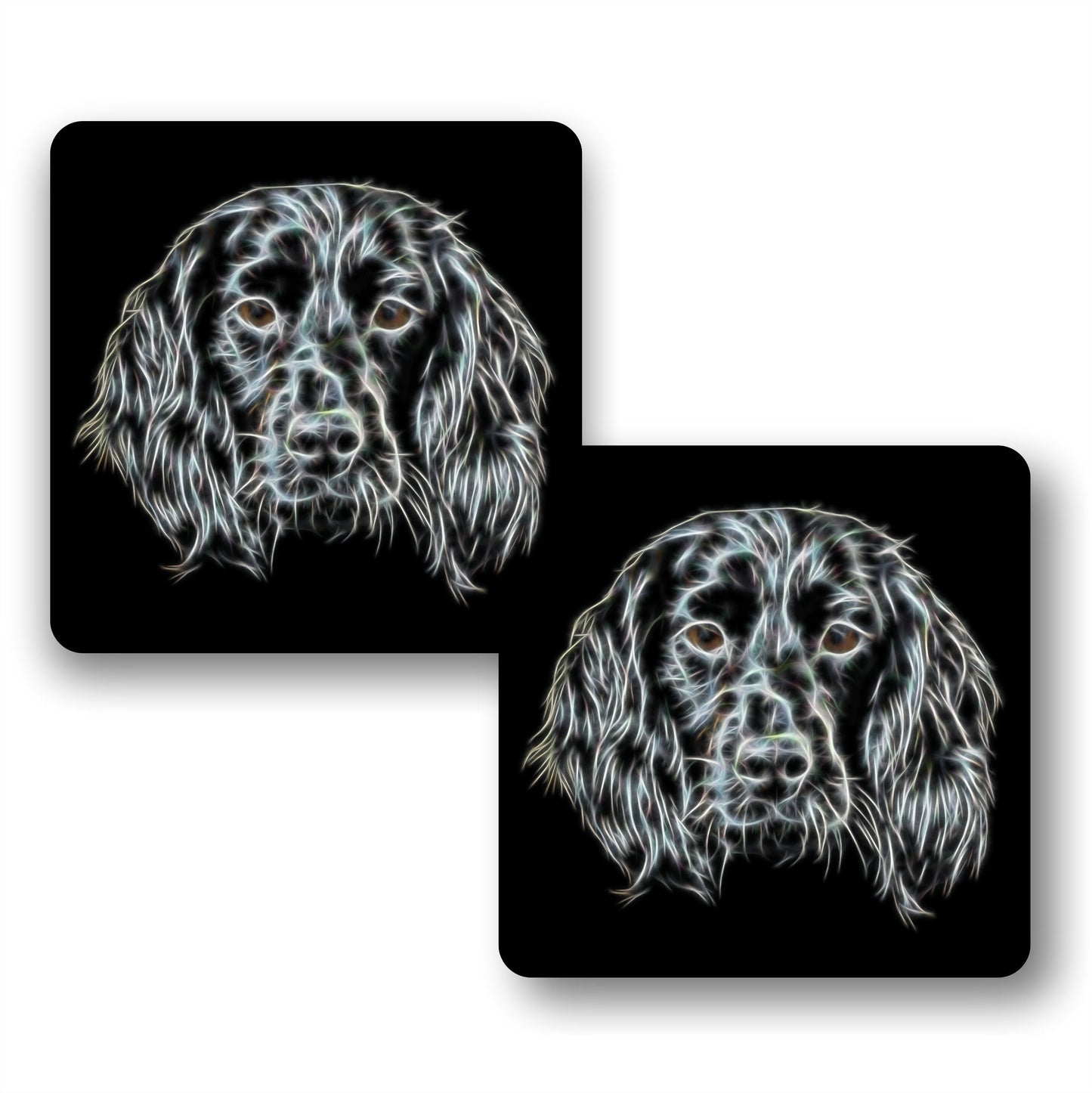 Black Sprocker Spaniel Coasters, Set of 2, with Fractal Art Design.