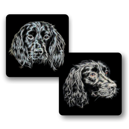 Black Sprocker Spaniel Coasters, Set of 2, with Fractal Art Design.