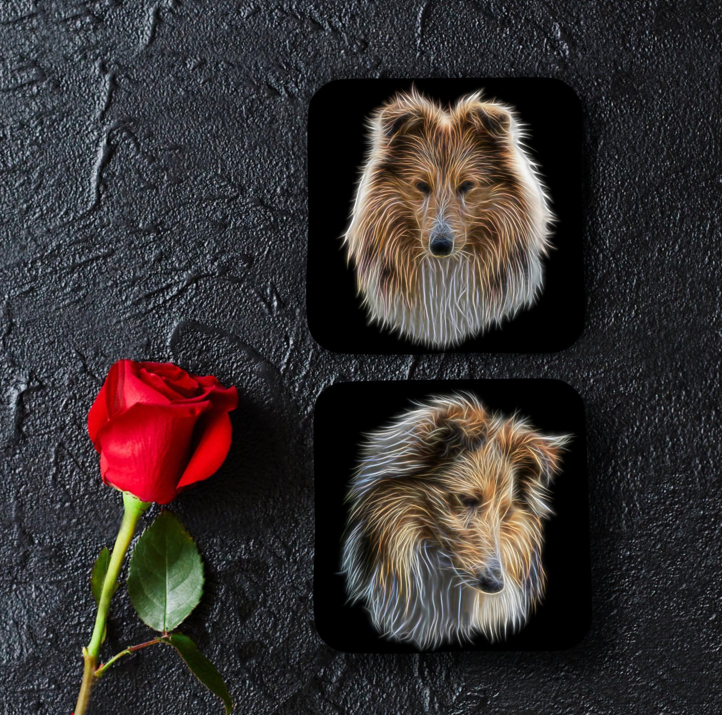 Shetland Sheepdog Coasters, Set of 2, with Stunning Fractal Art Design. Perfect Dog Owner Gift.