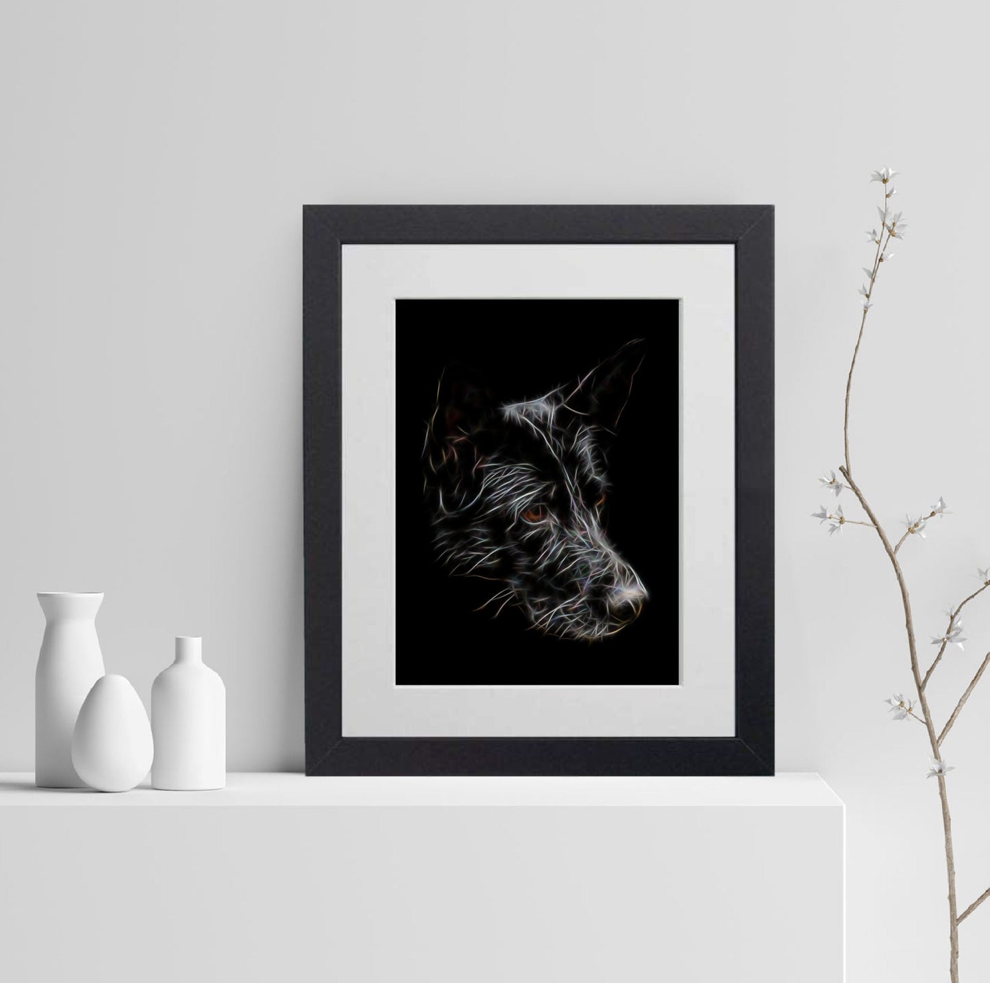 Black German Shepherd Print with Stunning Fractal Art Design. Various Sizes Available