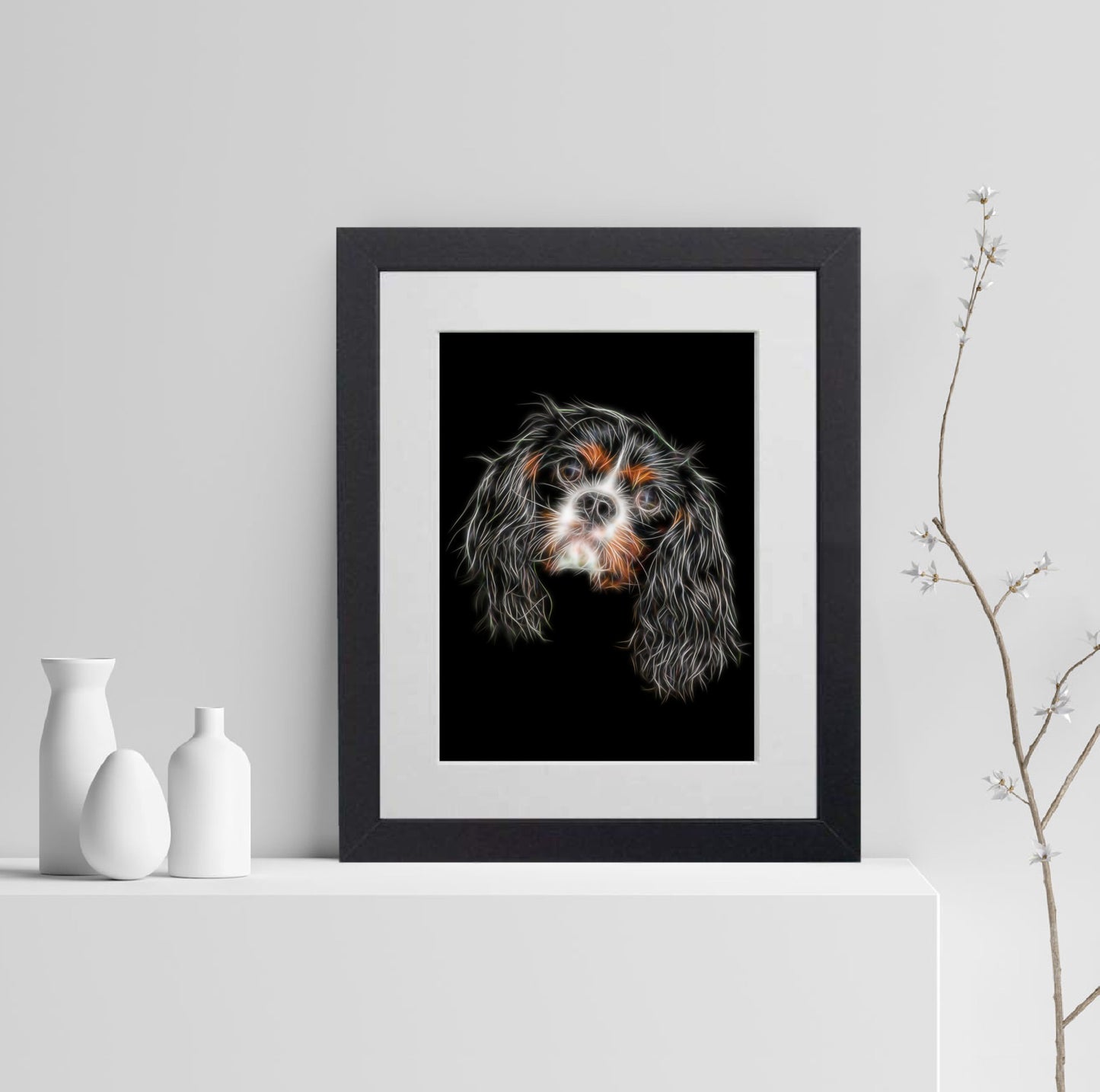 Tricolour King Charles Spaniel Print with Stunning Fractal Art Design. Various Sizes Available
