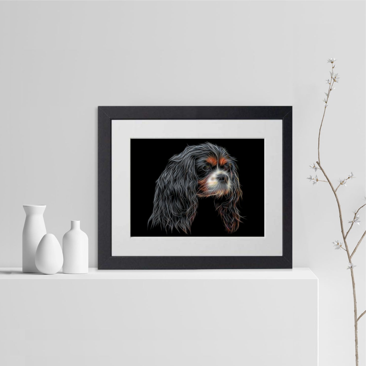 Tricolour King Charles Spaniel Print with Stunning Fractal Art Design. Various Sizes Available