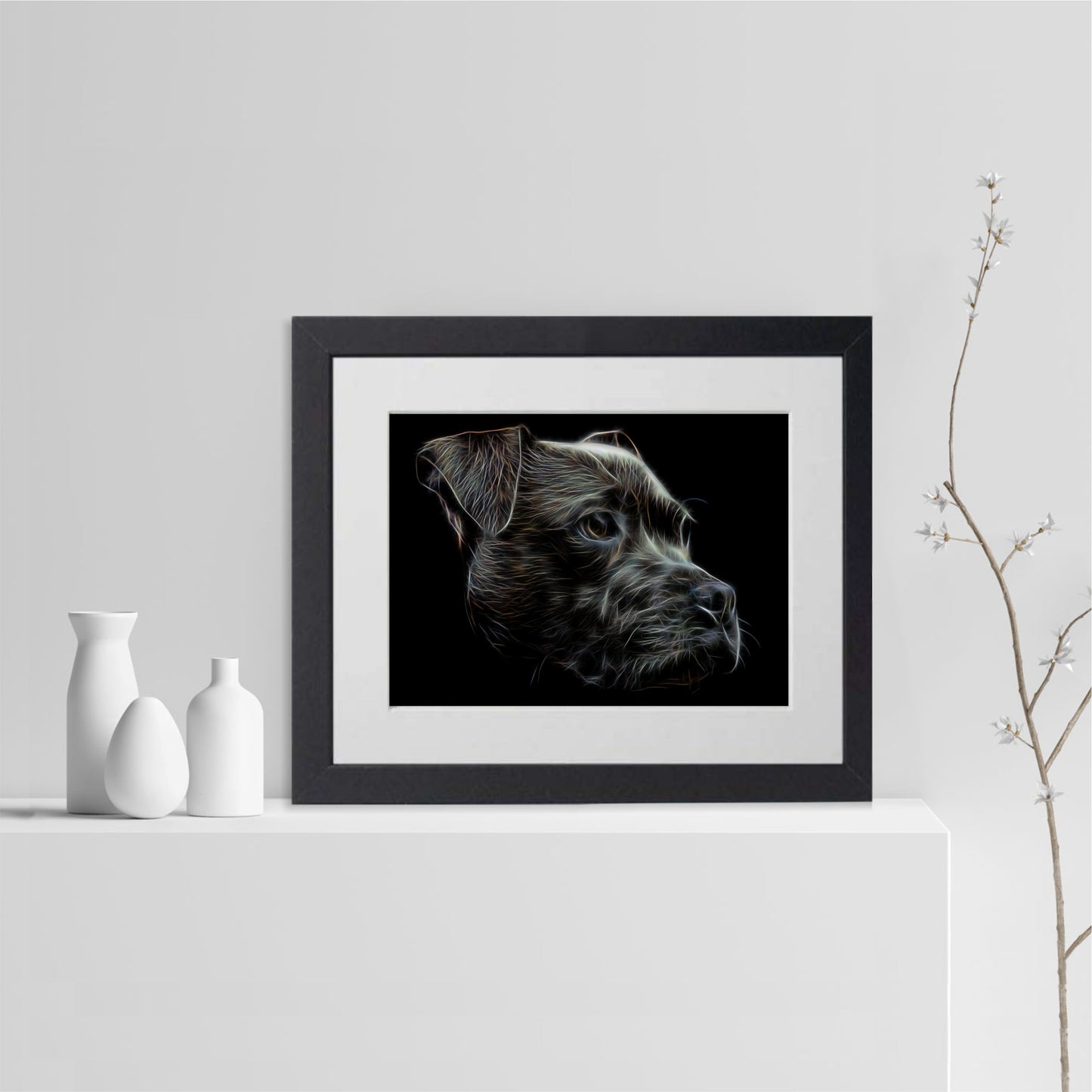 Black Staffordshire Bull Terrier Print with Stunning Fractal Art Design. Various Sizes Available