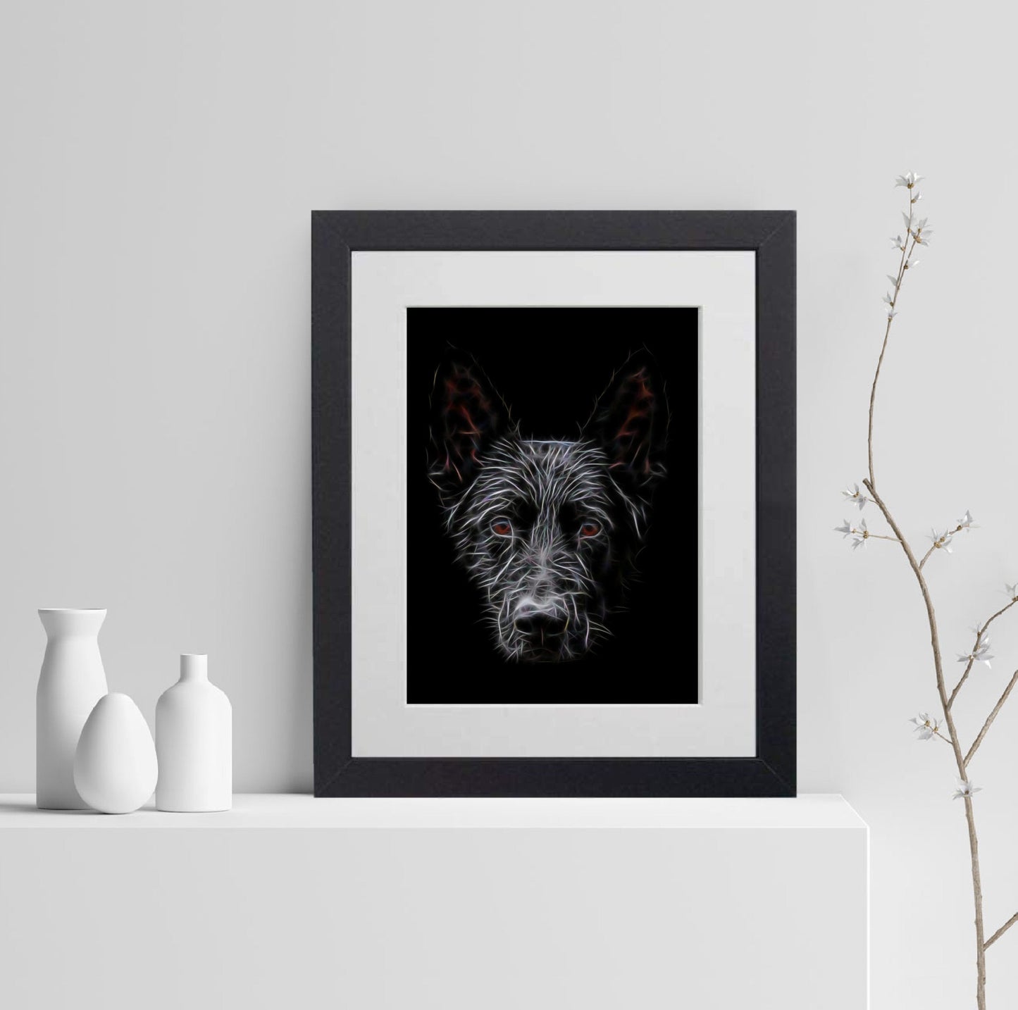 Black German Shepherd Print with Stunning Fractal Art Design. Various Sizes Available