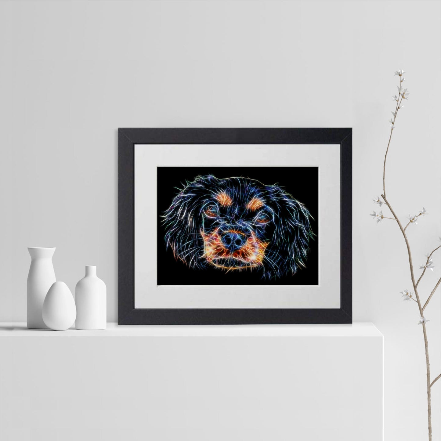 Black and Tan King Charles Spaniel Print with Stunning Fractal Art Design. Various Sizes Available