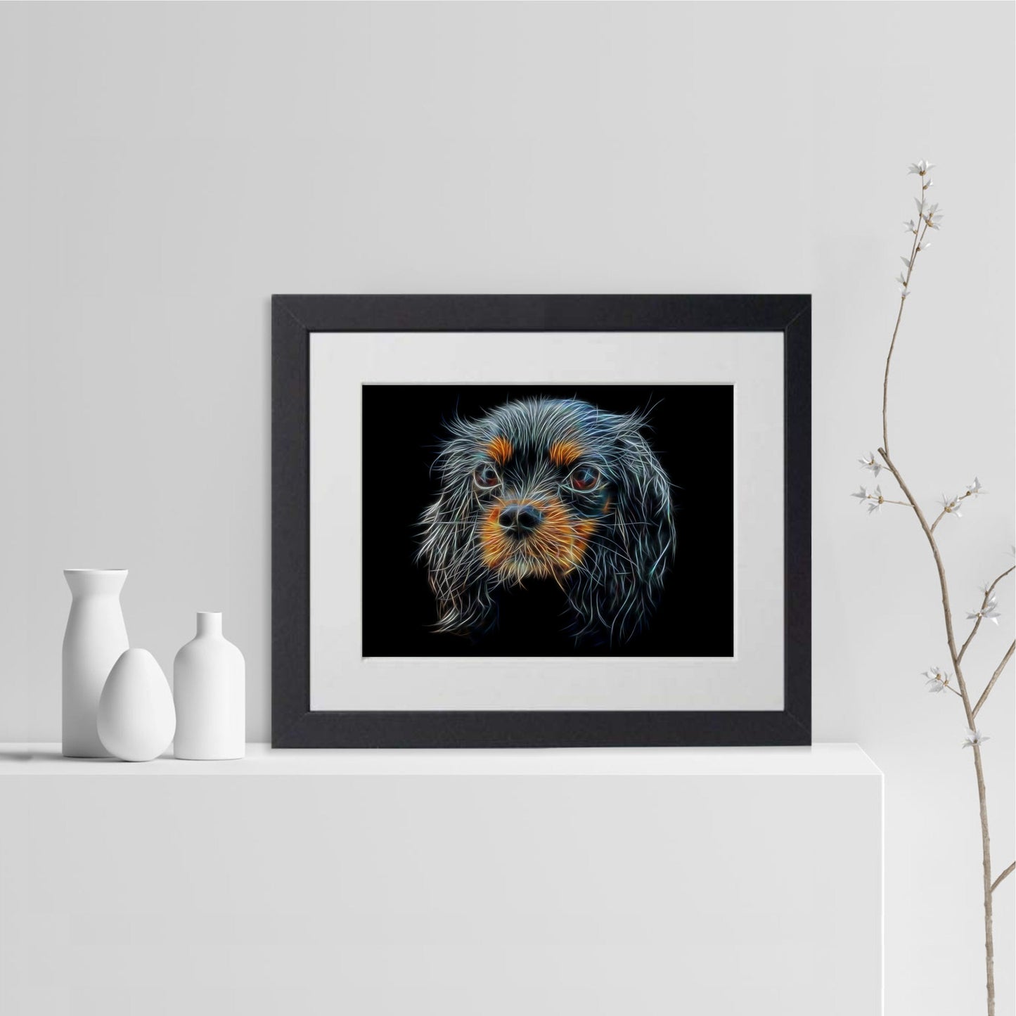 Black and Tan King Charles Spaniel Print with Stunning Fractal Art Design. Various Sizes Available
