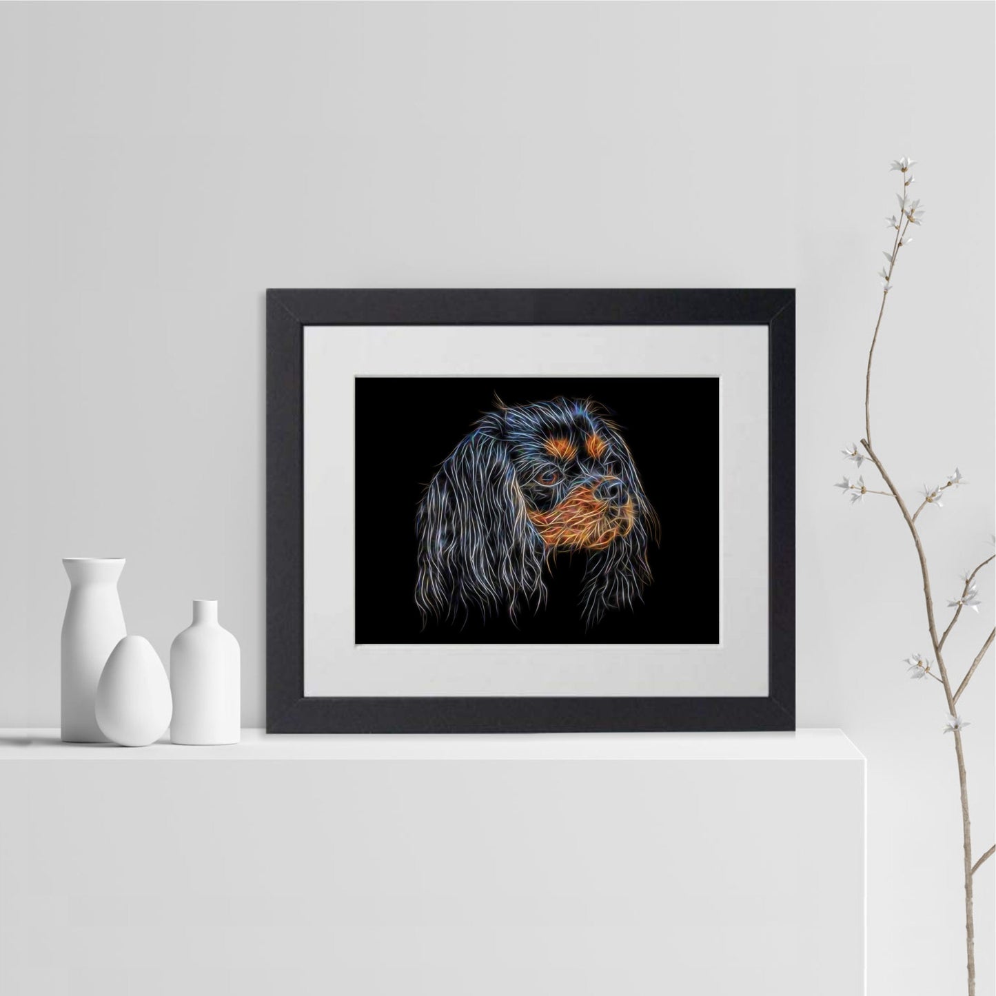Black and Tan King Charles Spaniel Print with Stunning Fractal Art Design. Various Sizes Available