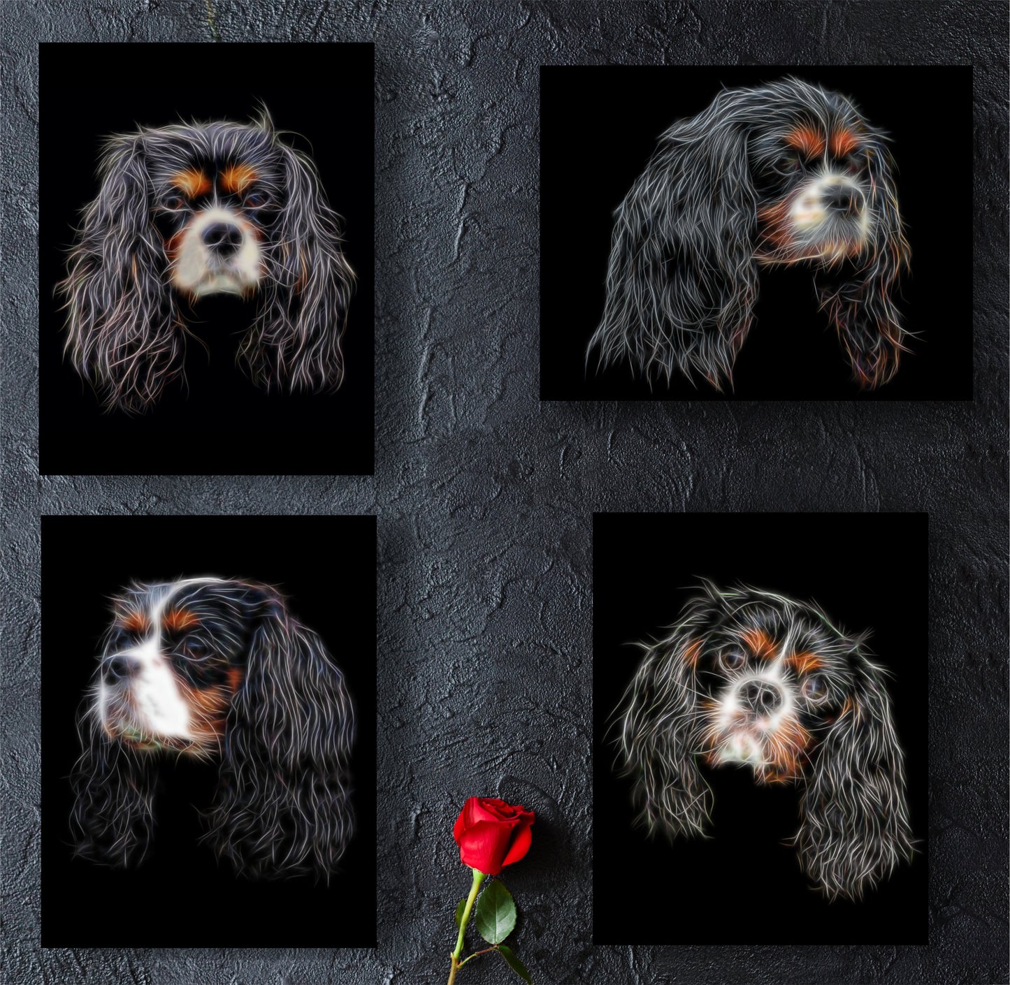 Tricolour King Charles Spaniel Print with Stunning Fractal Art Design. Various Sizes Available