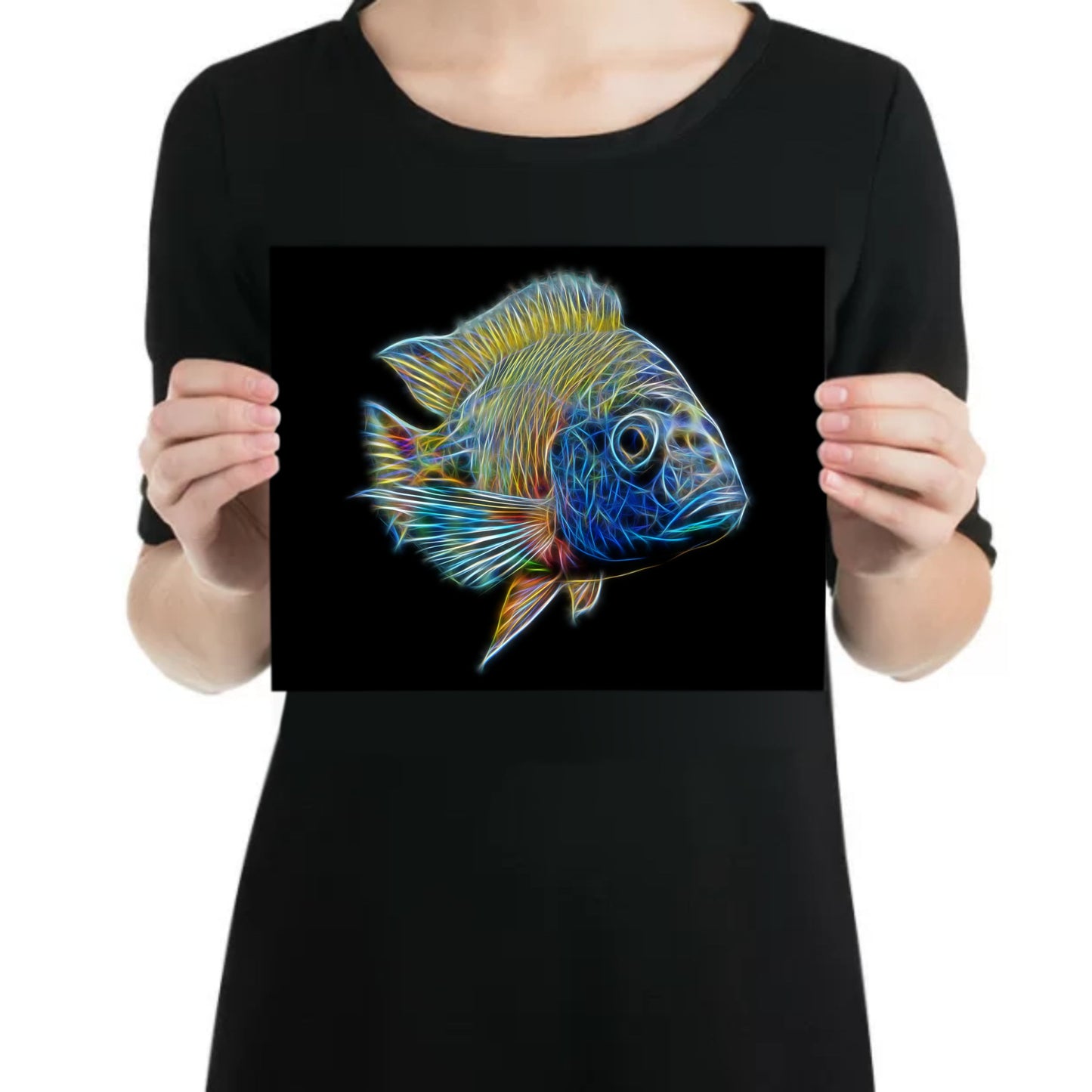 Ruby Red Peacock Cichlid Aluminium Metal Wall Plaque with Stunning Fractal Art Design. Aulonocara Rubescens