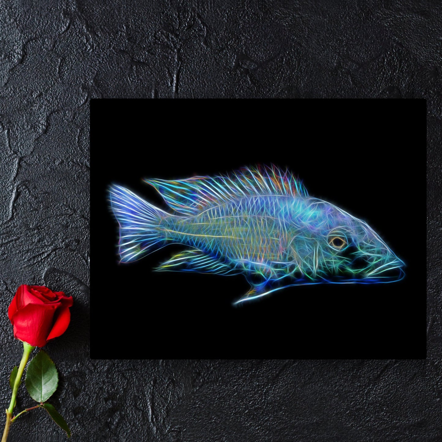 Fossorochromis Rostratus Cichlid Aluminium Metal Wall Plaque with Stunning Fractal Art Design.