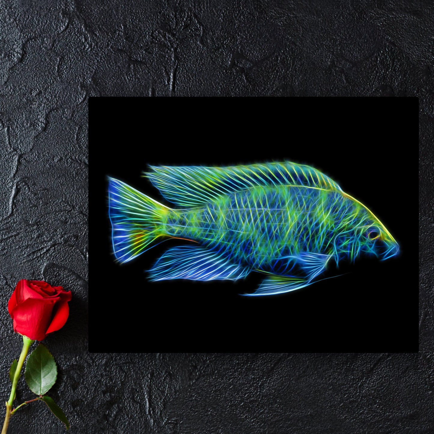 Giraffe Cichlid Metal Wall Plaque with Stunning Fractal Art Design. Nimbochromis Venustus