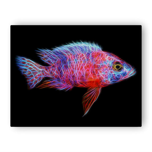 Red OB Peacock Cichlid Metal Wall Plaque with Stunning Fractal Art Design. Aulonocara Sp