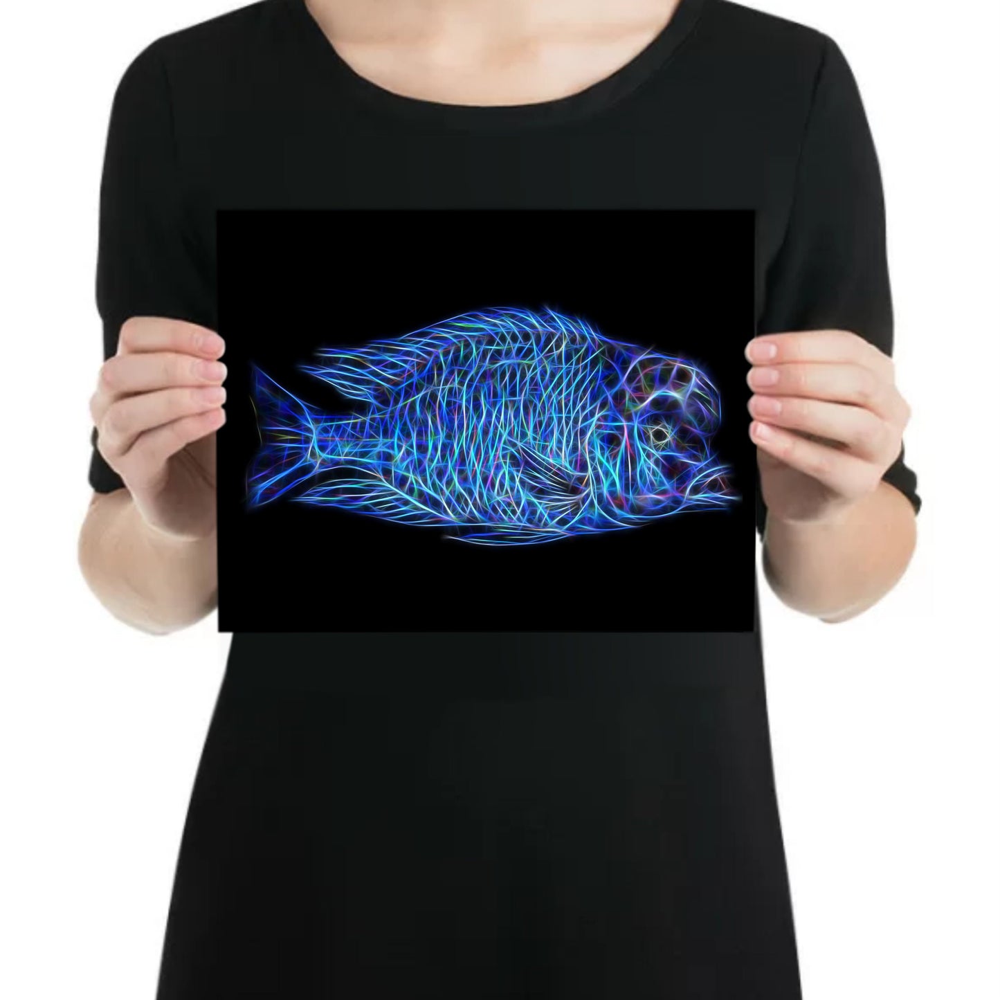 Blue Dolphin Cichlid Metal Wall Plaque with Stunning Fractal Art Design. Cyrtocara Moorii