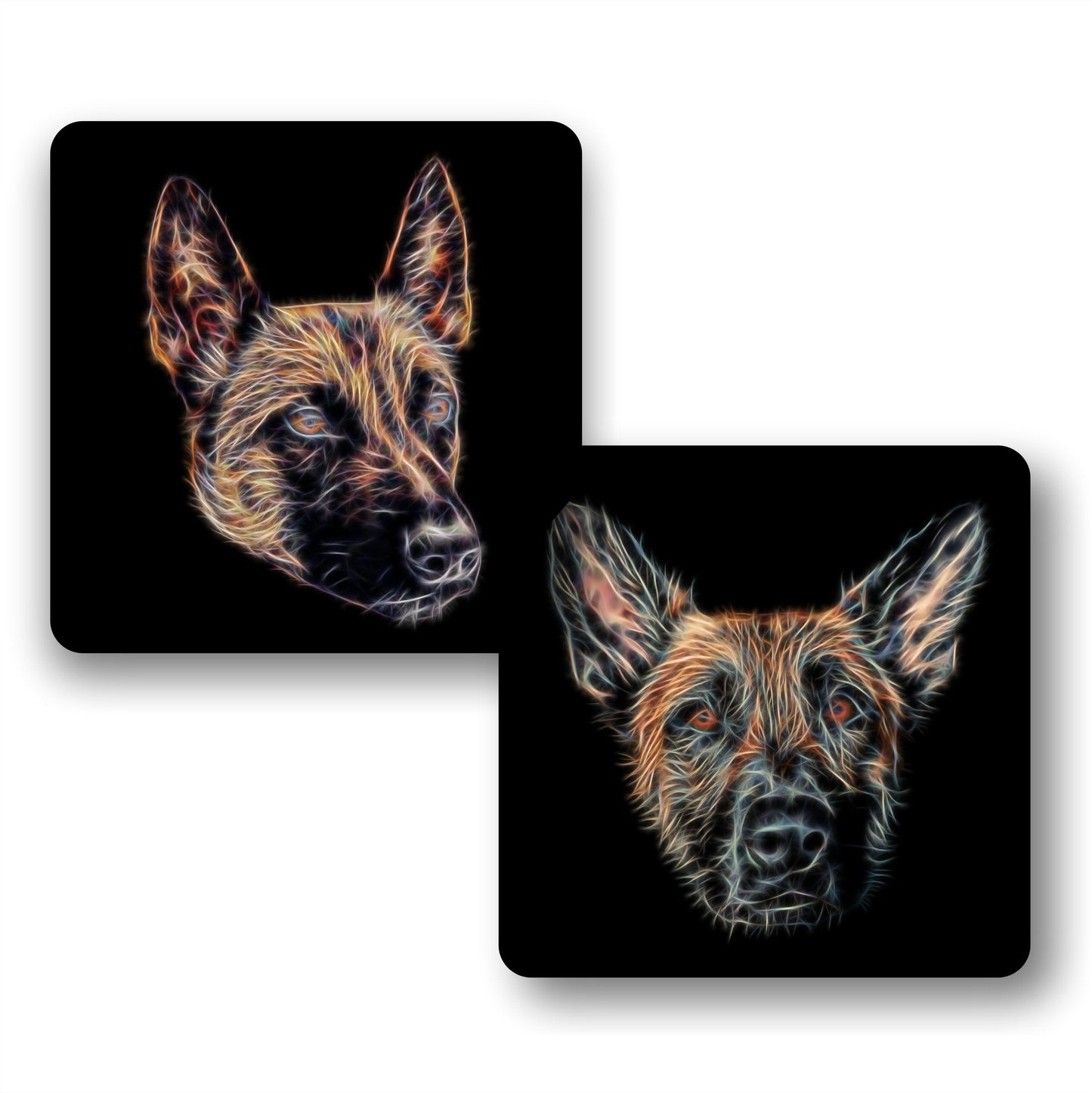 Belgian Malinois Coasters, Set of 2, with Stunning Fractal Art Design. Belgian Shepherd Owner Gift