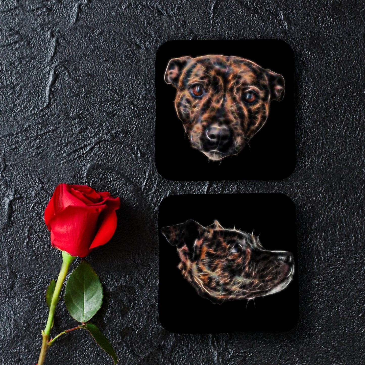 Brindle Staffordshire Bull Terrier Coasters, Set of 2, with Stunning Fractal Art Design. Perfect Dog Owner Gift.