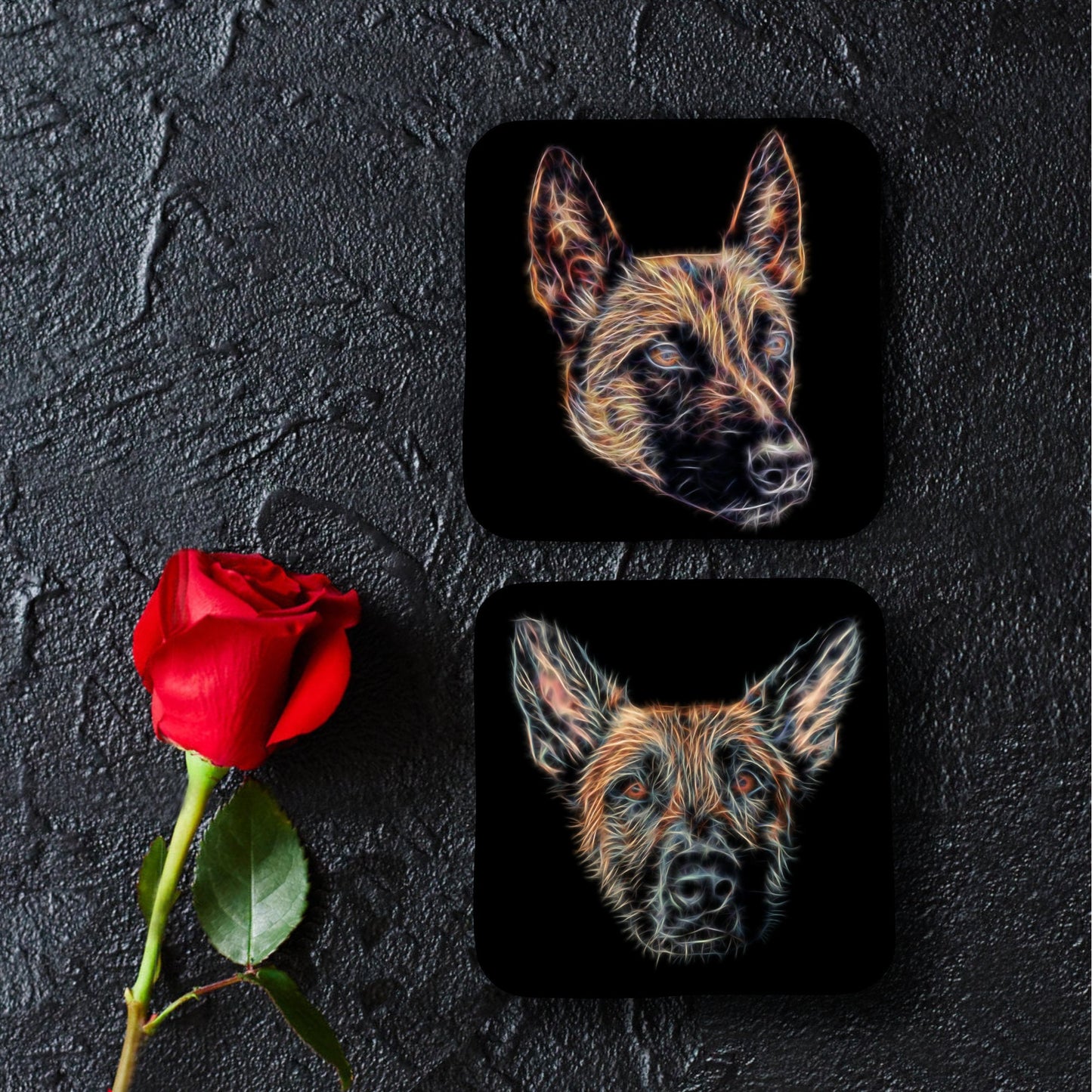 Belgian Malinois Coasters, Set of 2, with Stunning Fractal Art Design. Belgian Shepherd Owner Gift