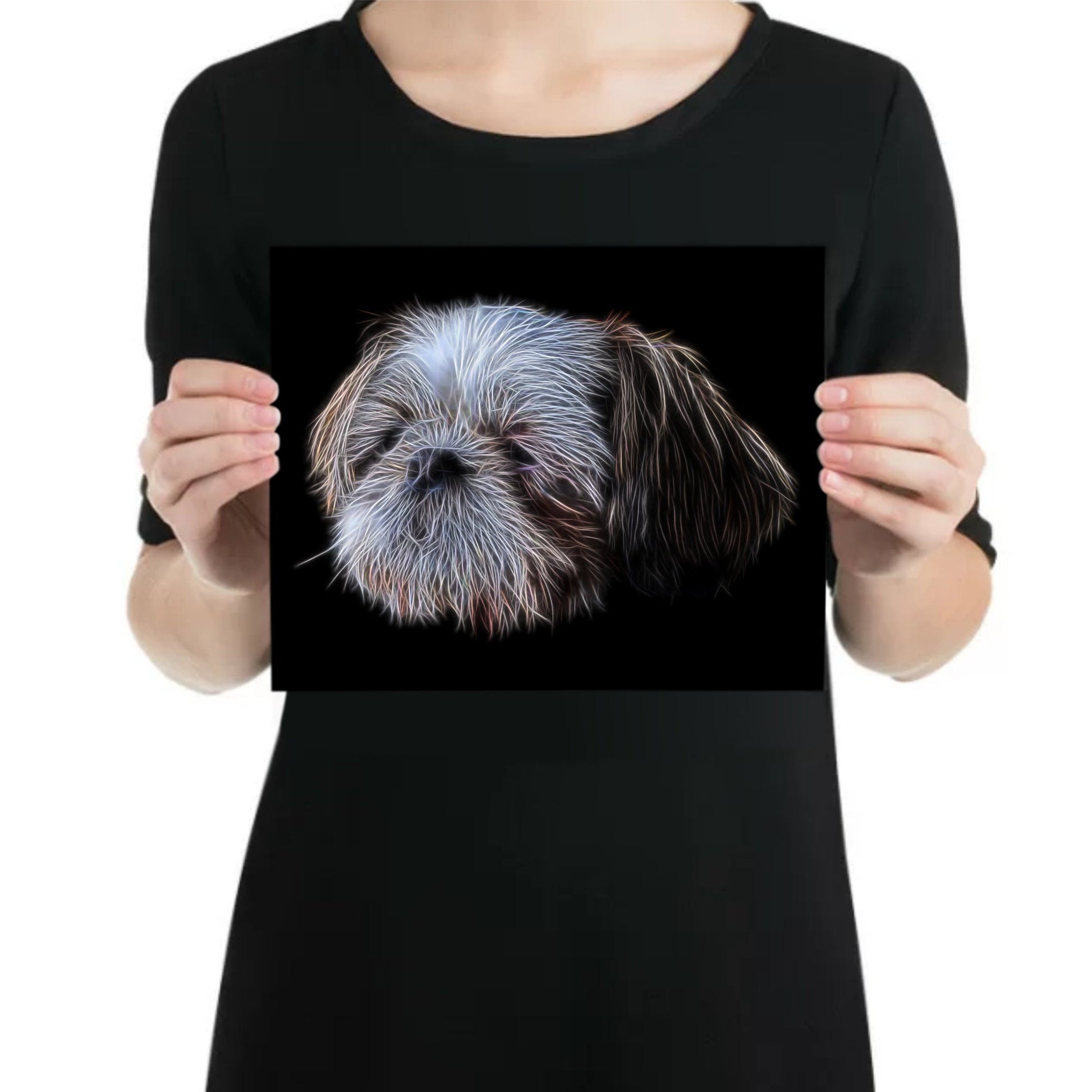 Shih Tzu Metal Wall Plaque with Stunning Fractal Art Design. Gold and White Shih Tzu