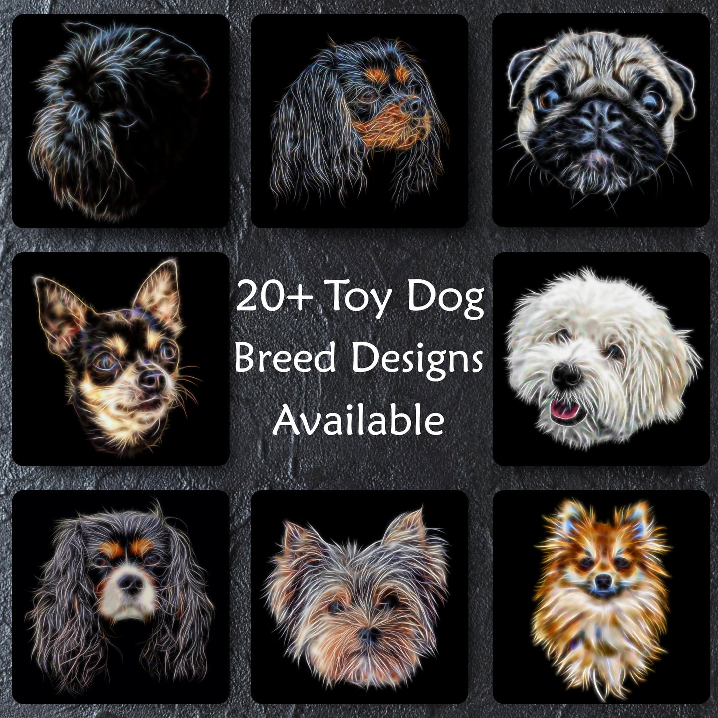 Toy Dog Breed Coaster. Various Breeds including Affenpinscher Chihuahua Coton King Charles Papillon Pug Yorkie and more