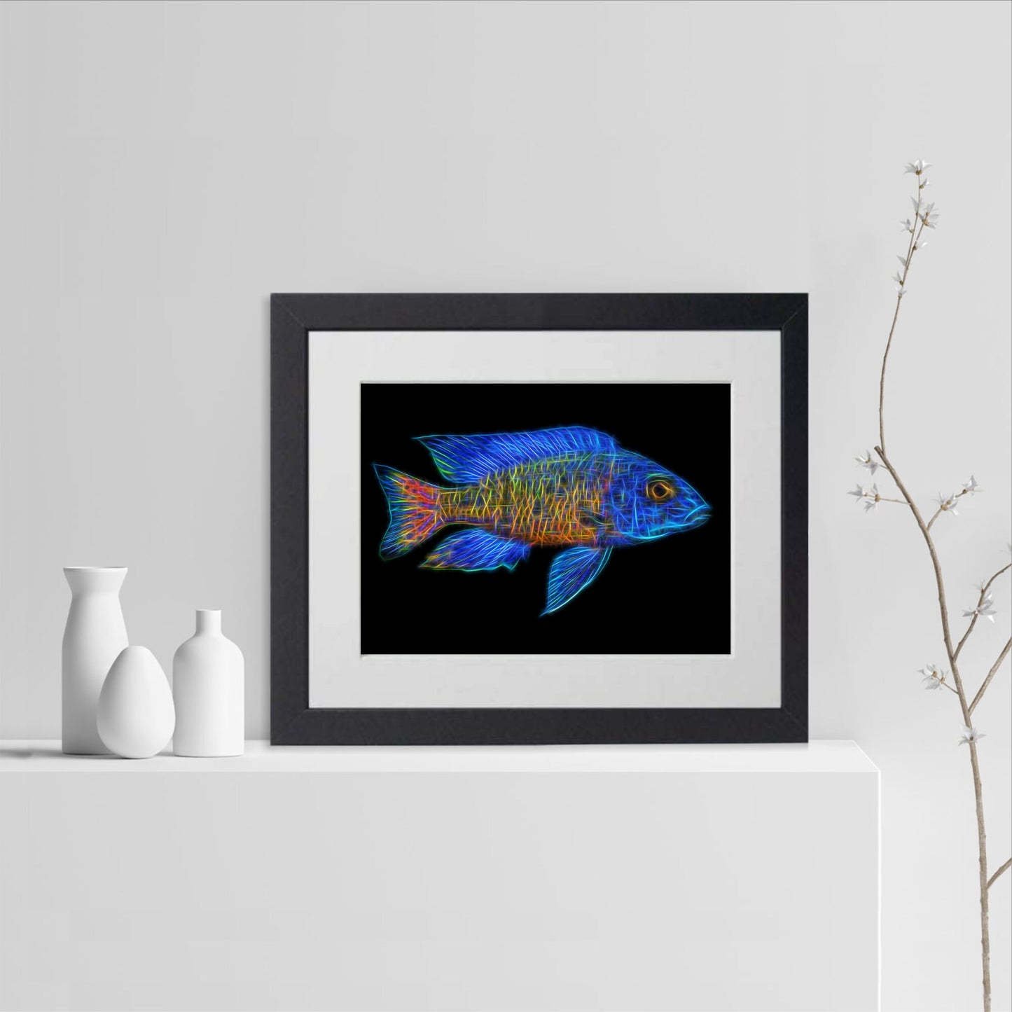 Stuartgranti Ngara Flametail Peacock Cichlid Fish Print with Stunning Fractal Art Design. Aulonocara