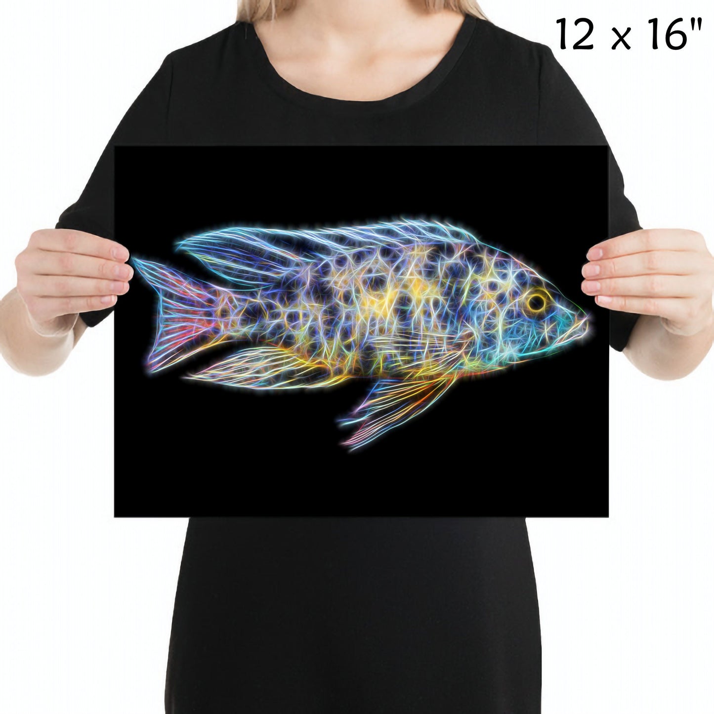 Yellow OB Peacock Cichlid Fish Print with Stunning Fractal Art Design. Aulonocara