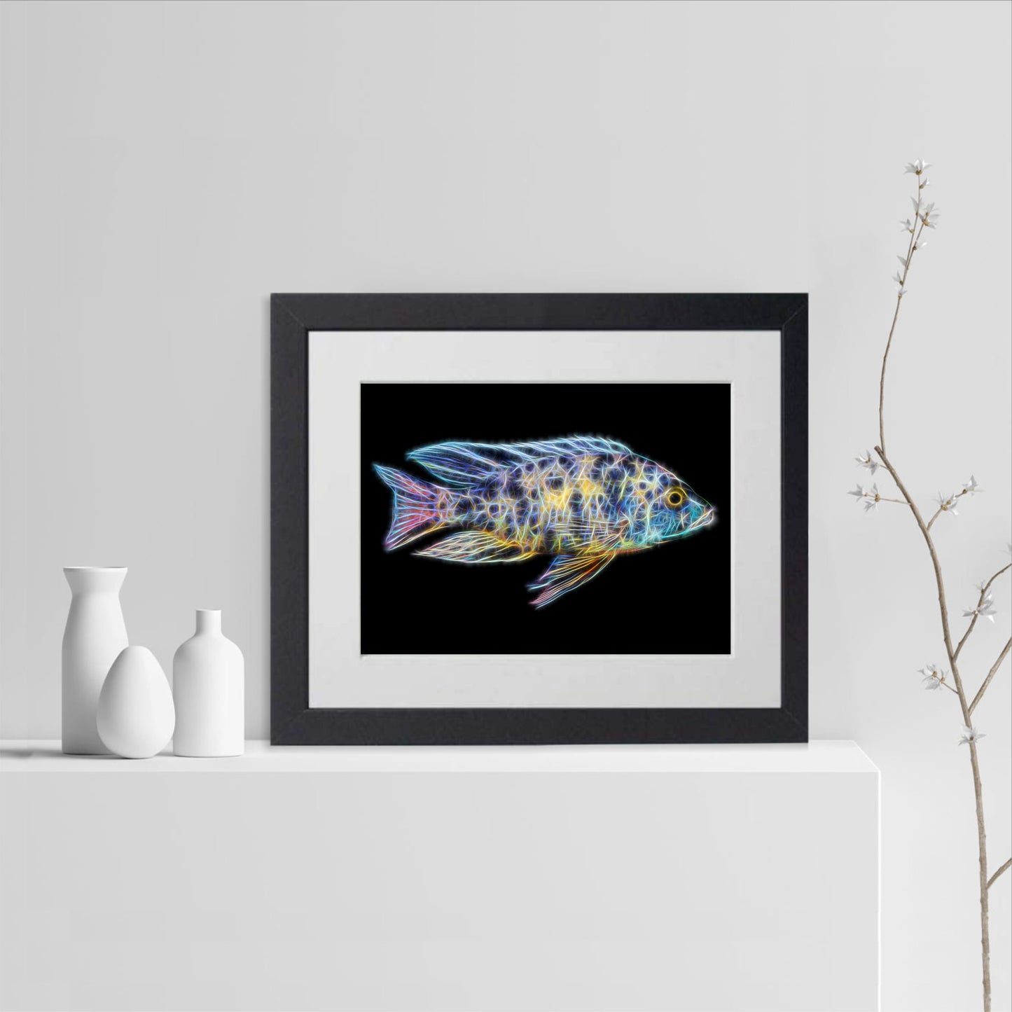 Yellow OB Peacock Cichlid Fish Print with Stunning Fractal Art Design. Aulonocara
