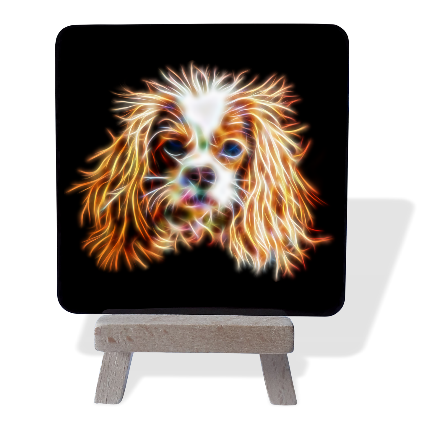 King Charles Spaniel - Blenheim King Charles Spaniel Metal Plaque and Mini Easel with Fractal Art Design