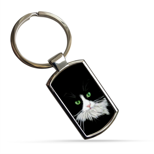 Cat Metal Rectangle Keyring. A Sturdy Metal Keychain with Cat Fractal Art Design.