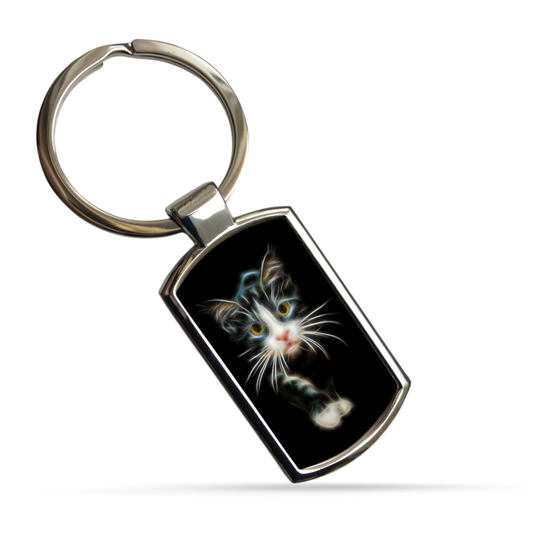 Cat Metal Rectangle Keyring. A Sturdy Metal Keychain with Cat Fractal Art Design.