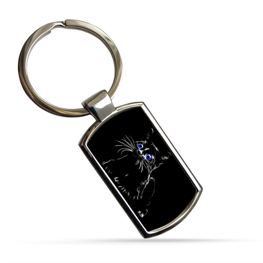 Cat Metal Rectangle Keyring. A Sturdy Metal Keychain with Cat Fractal Art Design.