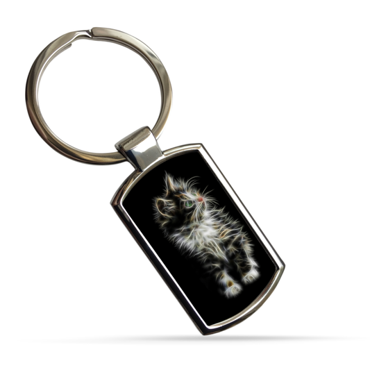 Cat Metal Rectangle Keyring. A Sturdy Metal Keychain with Cat Fractal Art Design.