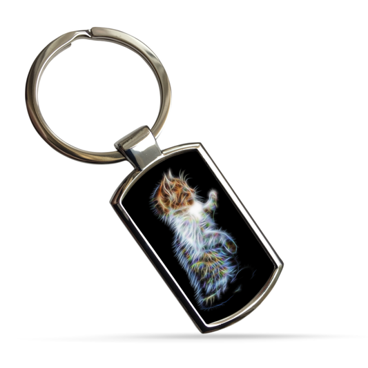 Cat Metal Rectangle Keyring. A Sturdy Metal Keychain with Cat Fractal Art Design.