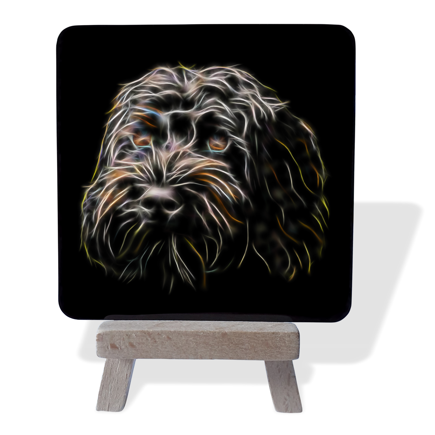 Labradoodle - Black Labradoodle #2 Metal Plaque and Mini Easel with Fractal Art Design
