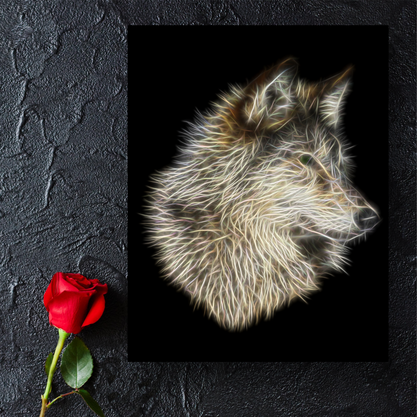 Wolf Metal Wall Plaque with Fractal Art Design