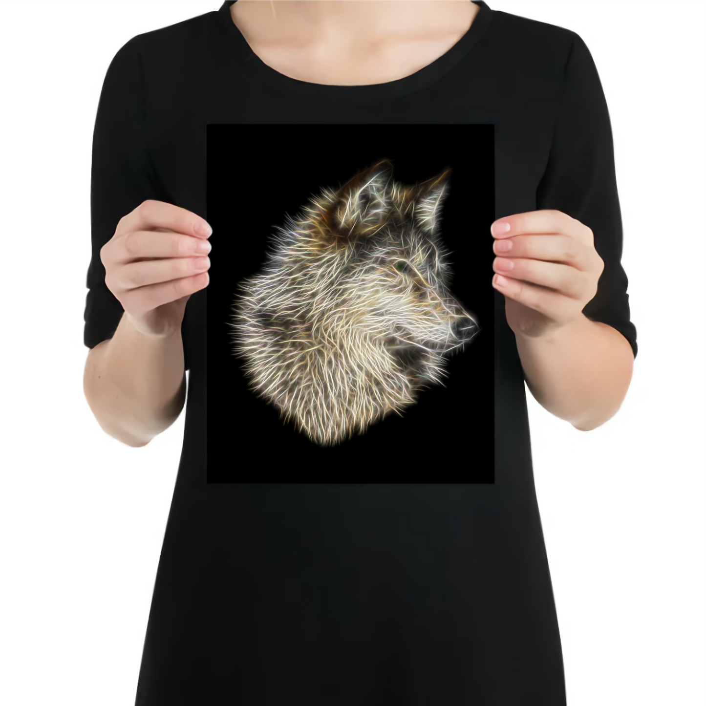 Wolf Metal Wall Plaque with Fractal Art Design
