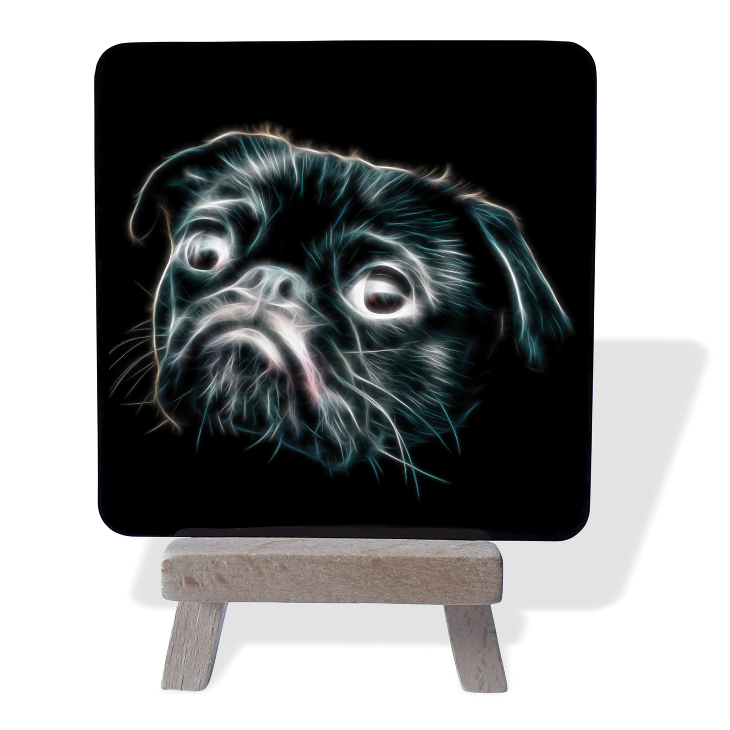Pug Black Metal Plaque and Mini Easel with Fractal Art Design