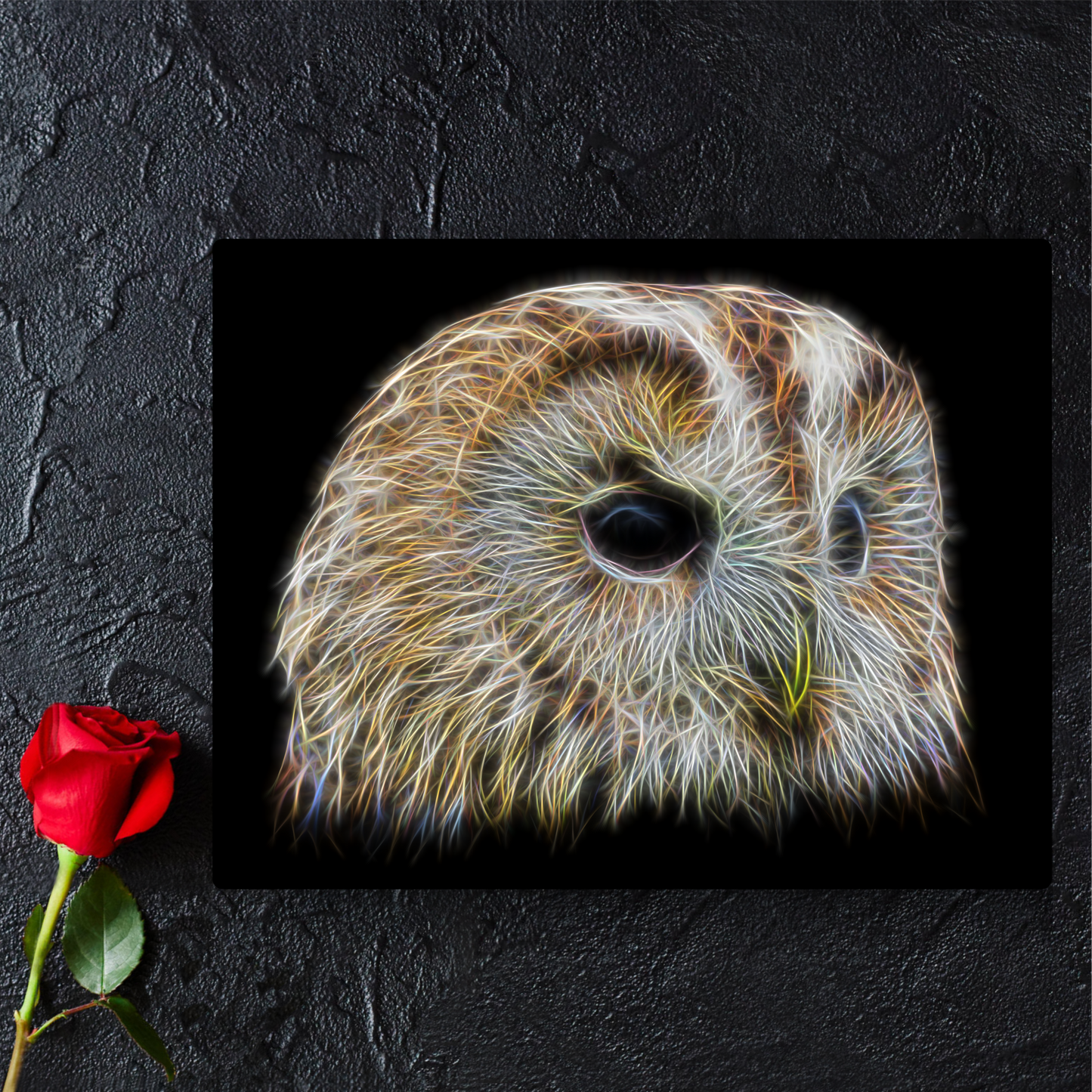 Tawny Owl Metal Wall Plaque with Fractal Art Design