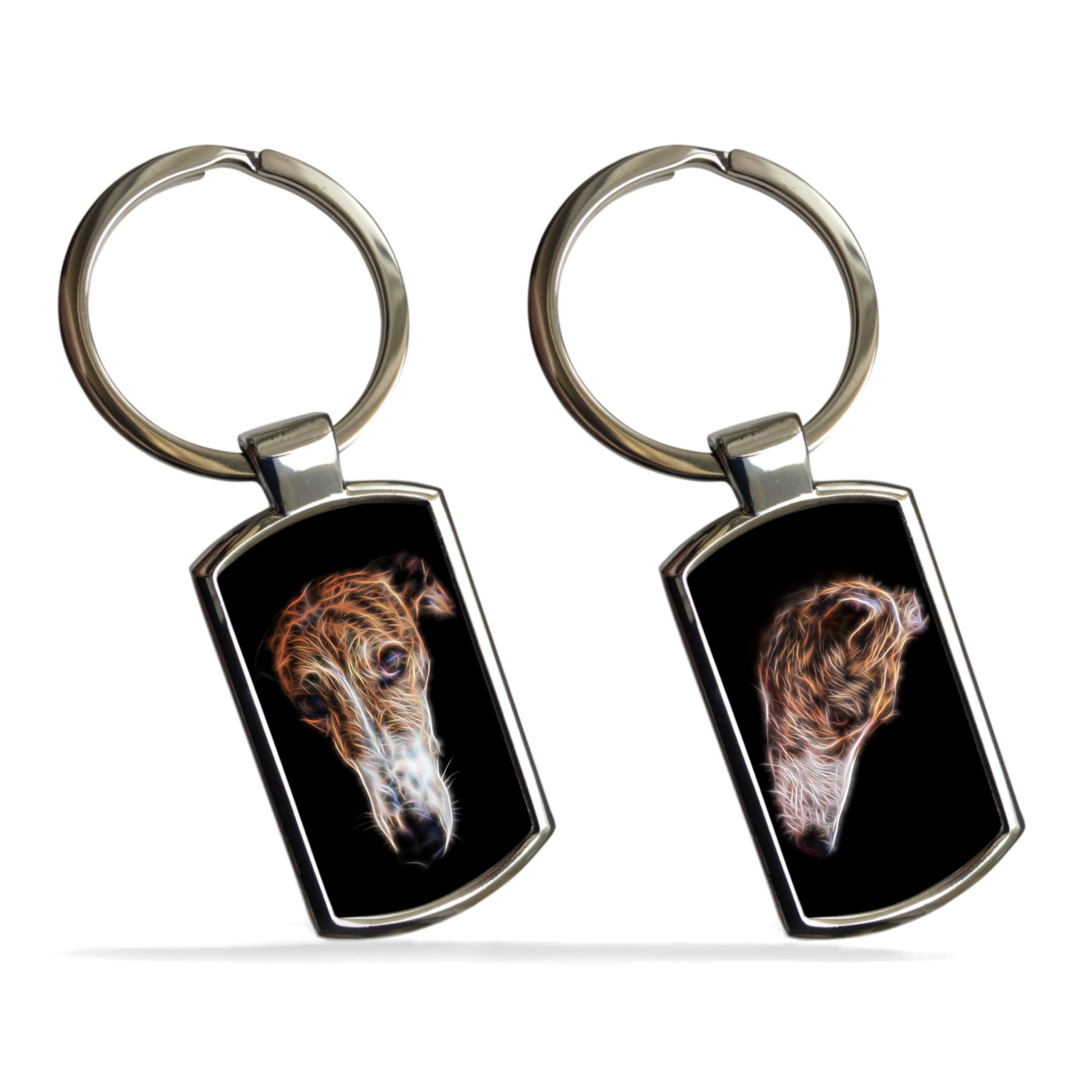 Brindle and White Greyhound Metal Rectangle Keyring