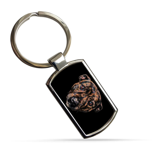 Brindle Staffordshire Bull Terrier Keychain with Stunning Fractal Art Design. A Perfect Gift for Dog Lover.