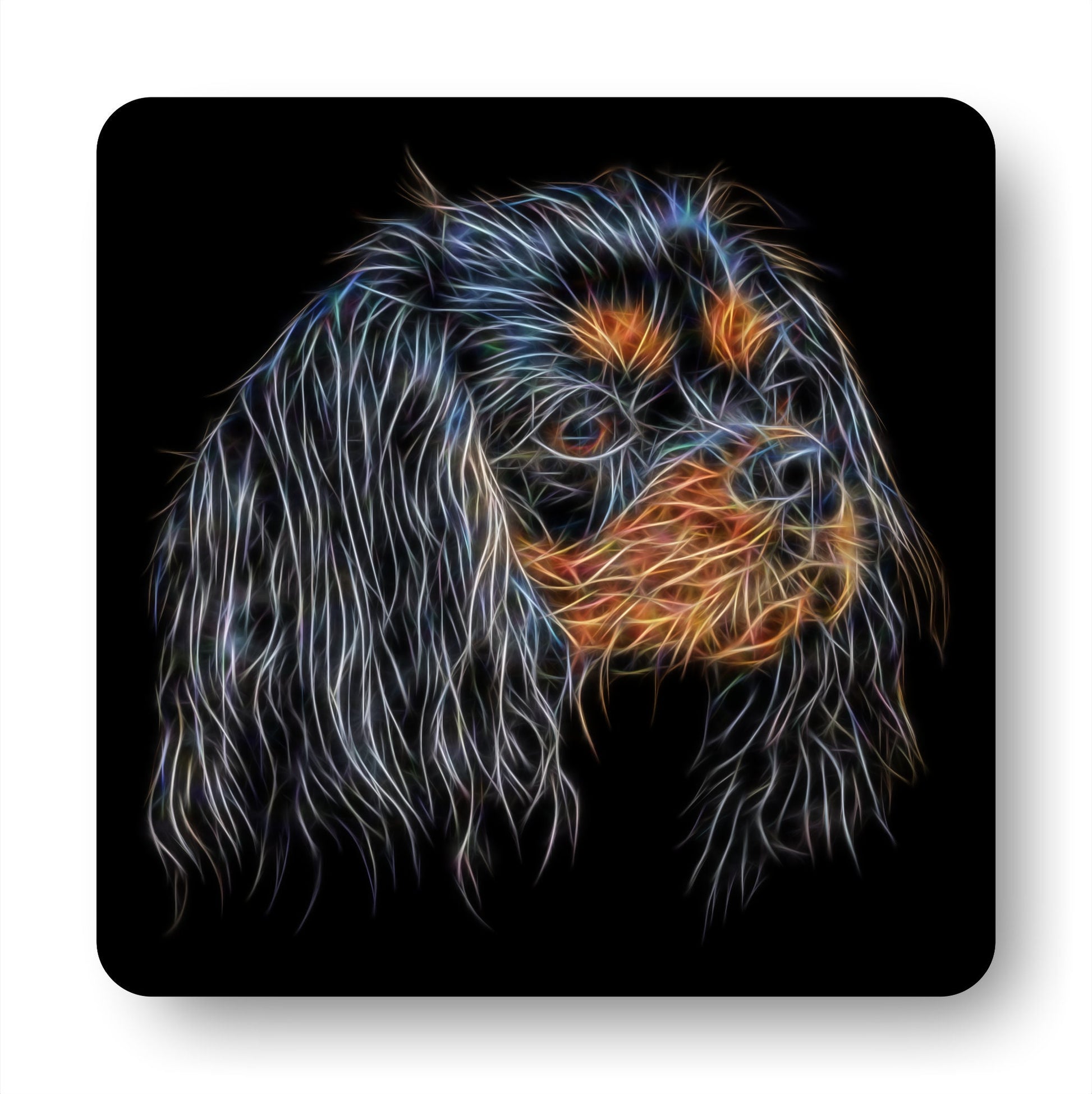 Black and Tan King Charles Spaniel Coasters, Set of 2, with Stunning Fractal Art Design.