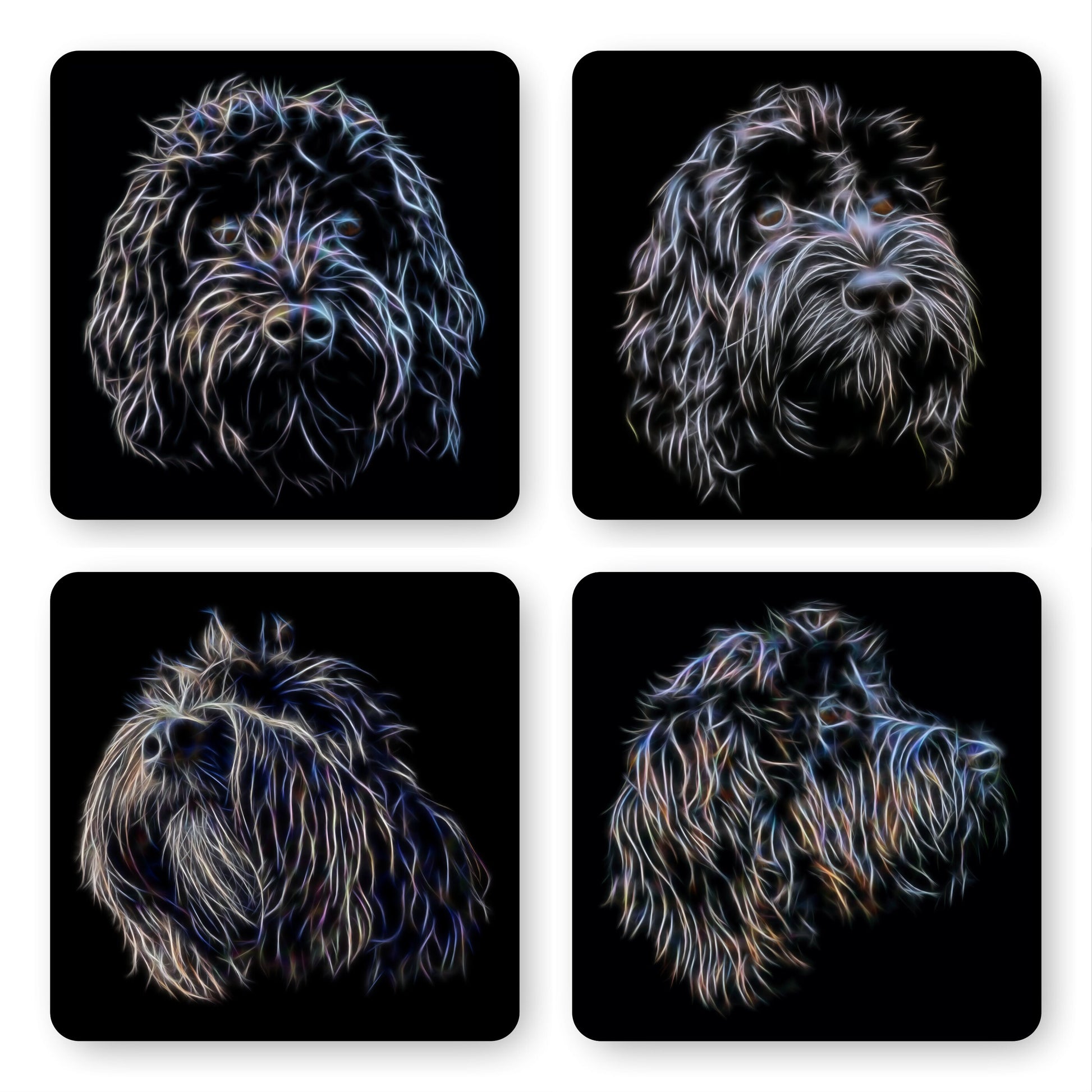 Black Cockapoo Coasters, Set of 4, with Stunning Fractal Art Design.