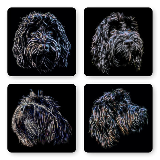 Black Cockapoo Coasters, Set of 4, with Stunning Fractal Art Design.