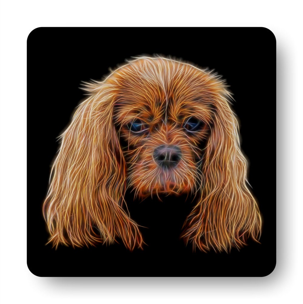 Ruby King Charles Spaniel Coasters, Set of 2, with Fractal Art Design