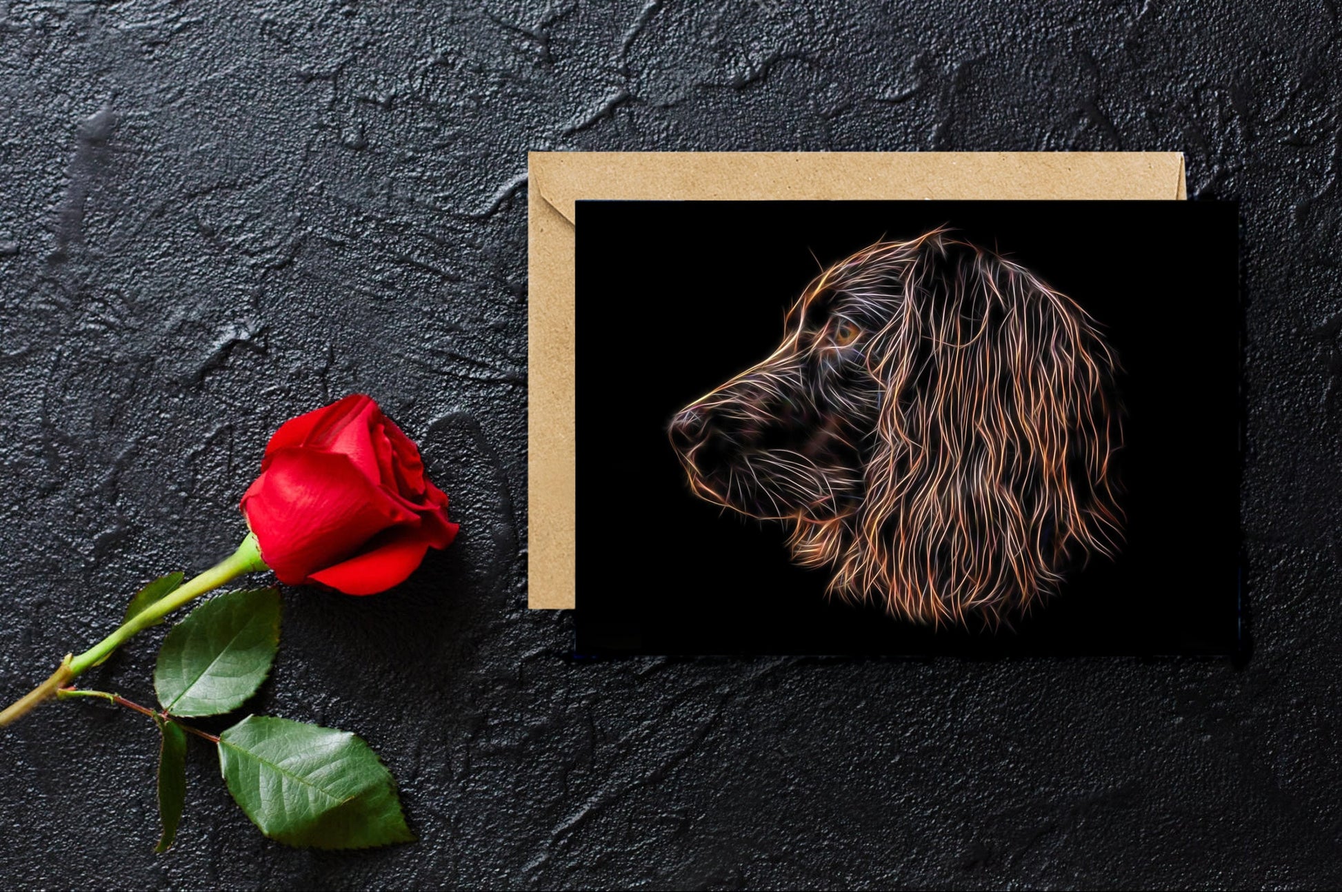 Chocolate Working Cocker Spaniel Greeting Card with Stunning Fractal Art Design. Blank Inside for Birthdays or any other Occasion