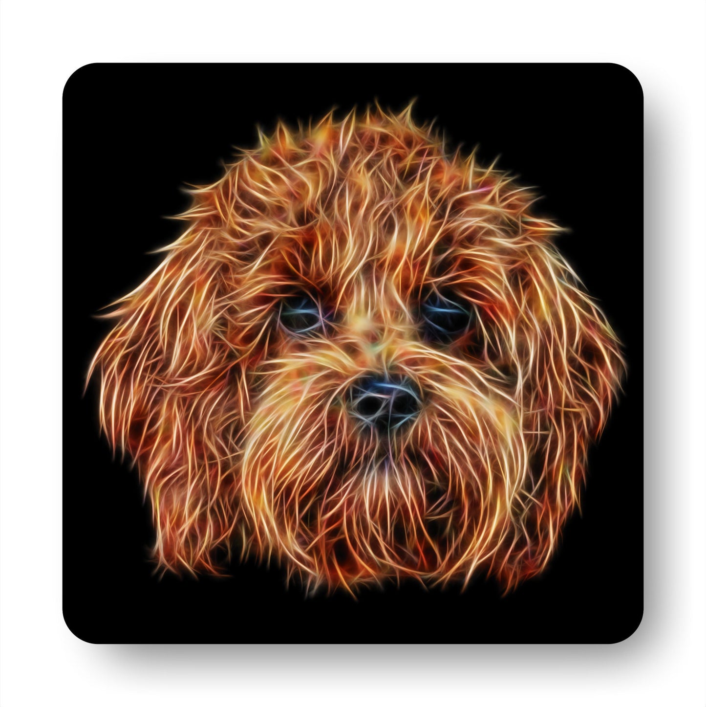 Red Cavapoo Coasters, Set of 2, with Stunning Fractal Art Design.