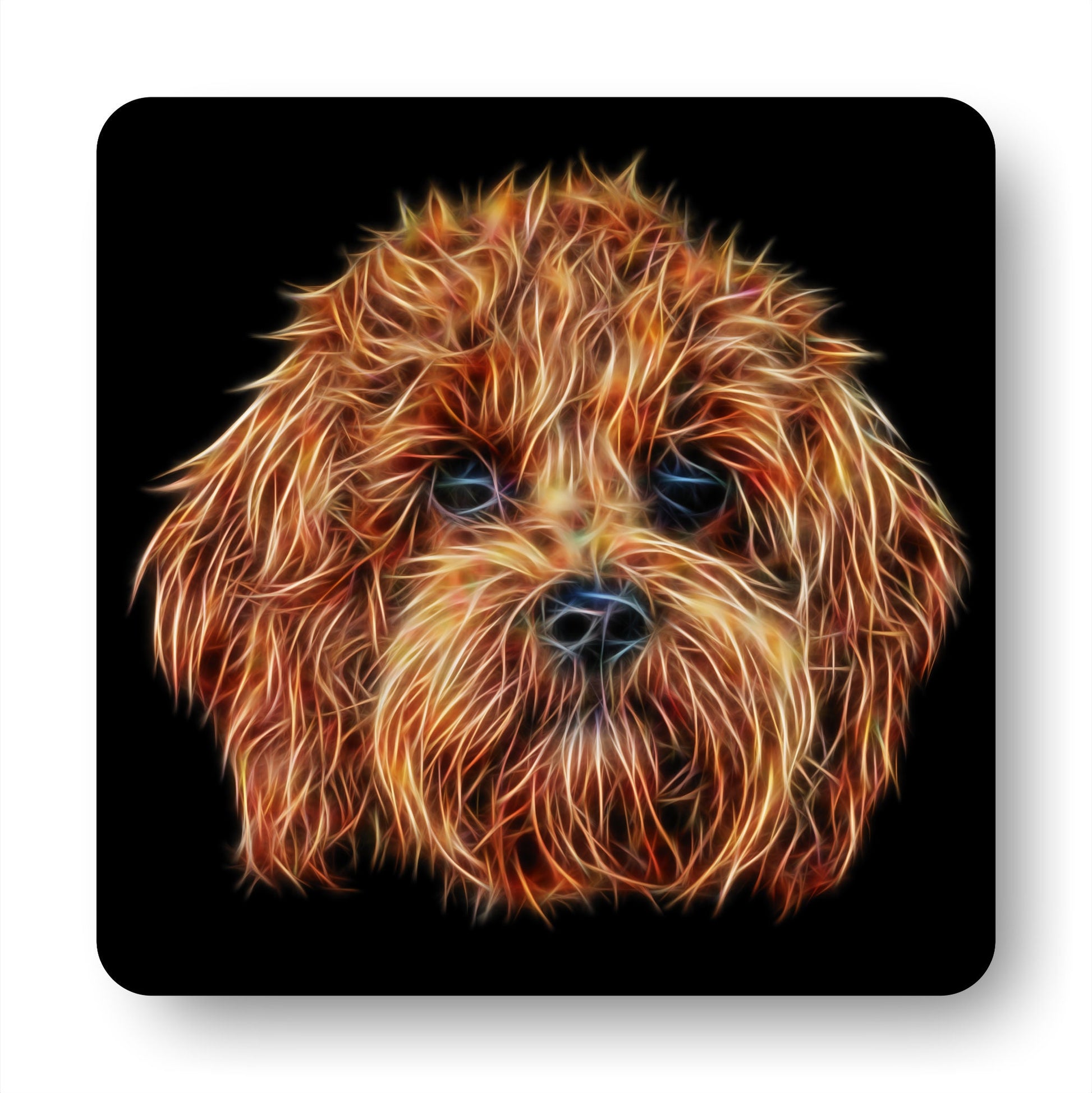 Red Cavapoo Coasters, Set of 2, with Stunning Fractal Art Design.