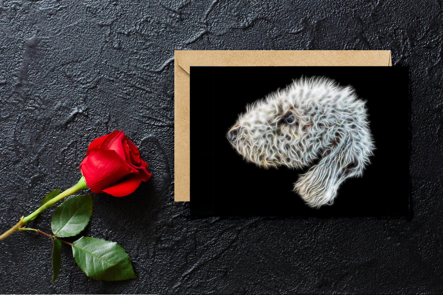 Bedlington Terrier Greeting Card with Stunning Fractal Art Design. Blank Inside for Birthdays or any other Occasion