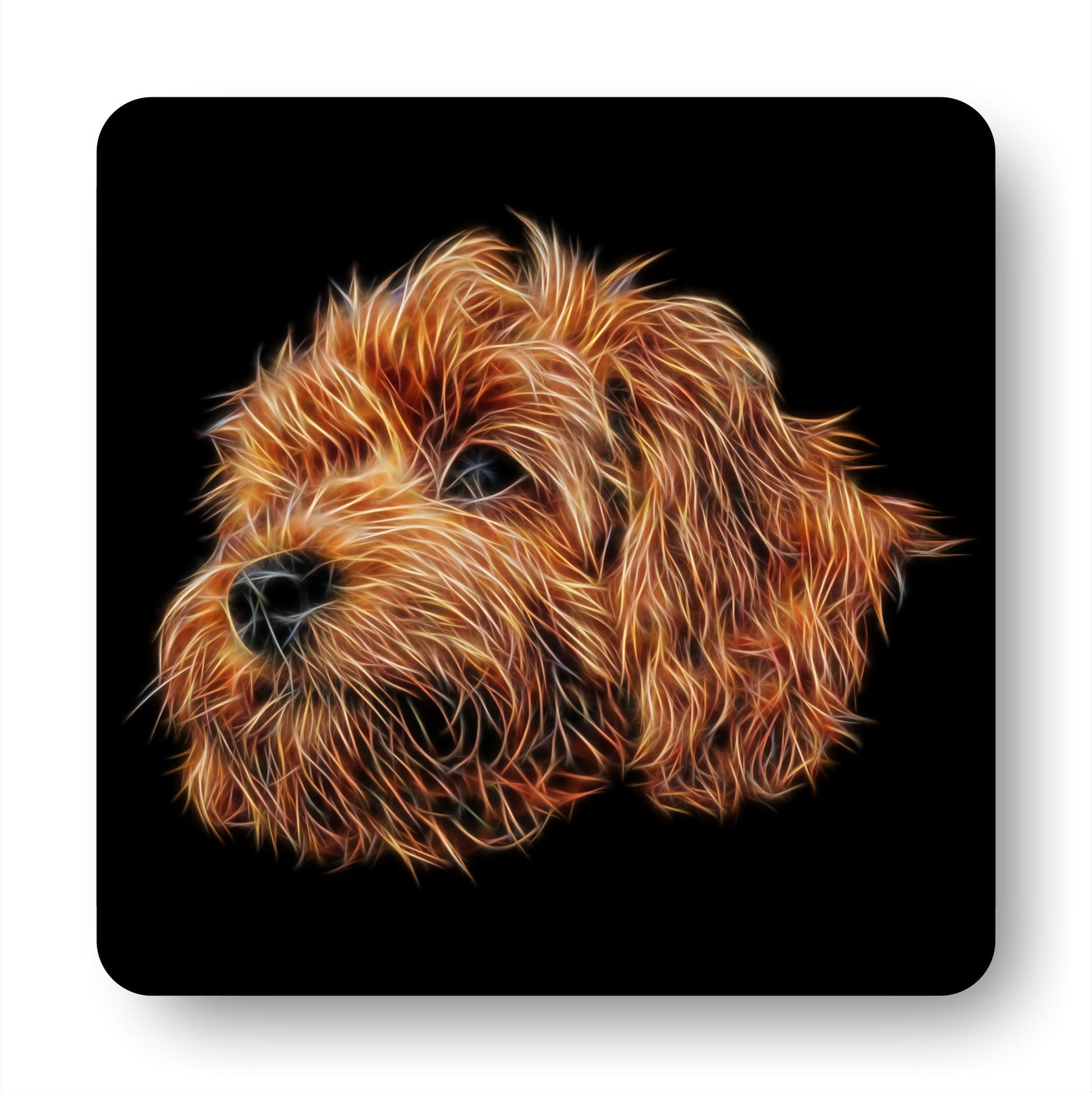 Red Cavapoo Coasters, Set of 2, with Stunning Fractal Art Design.