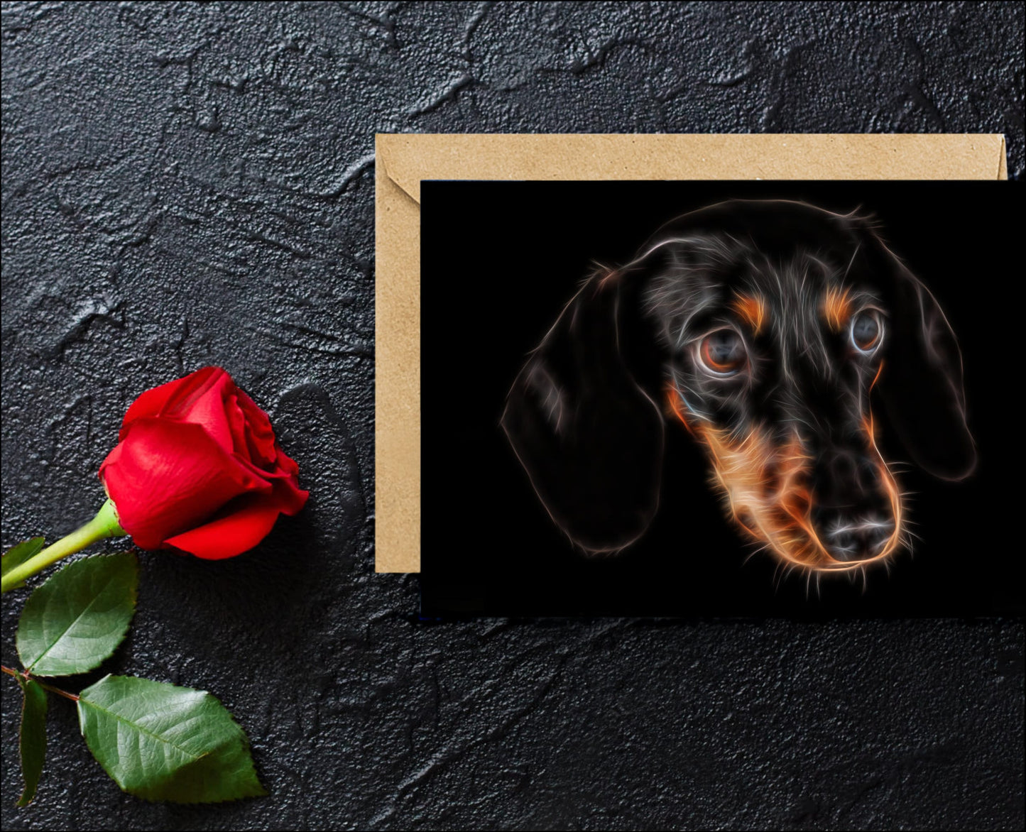 Black and Tan Dachshund Greeting Card with Stunning Fractal Art Design. Blank Inside for Birthdays or any other Occasion