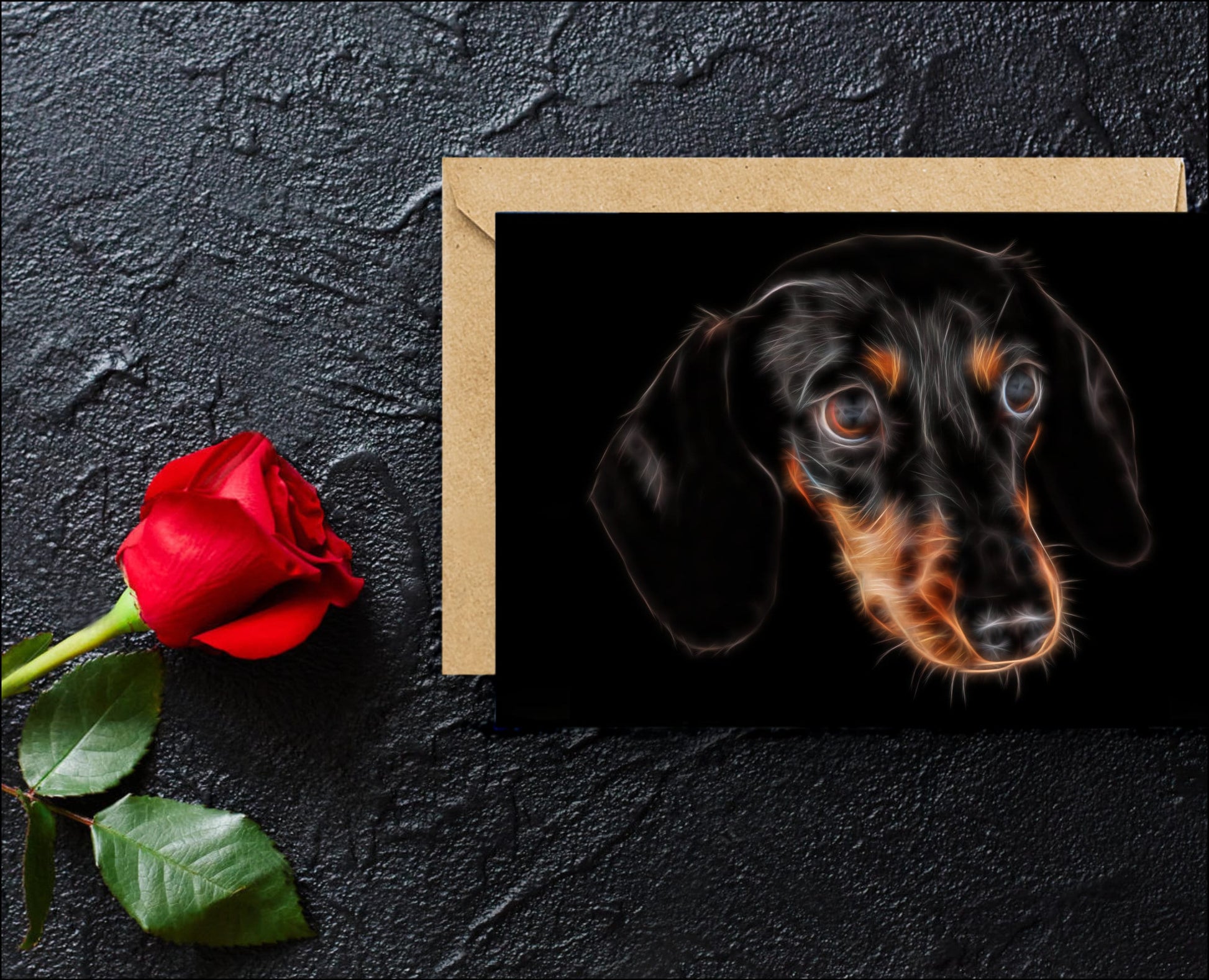 Black and Tan Dachshund Greeting Card with Stunning Fractal Art Design. Blank Inside for Birthdays or any other Occasion