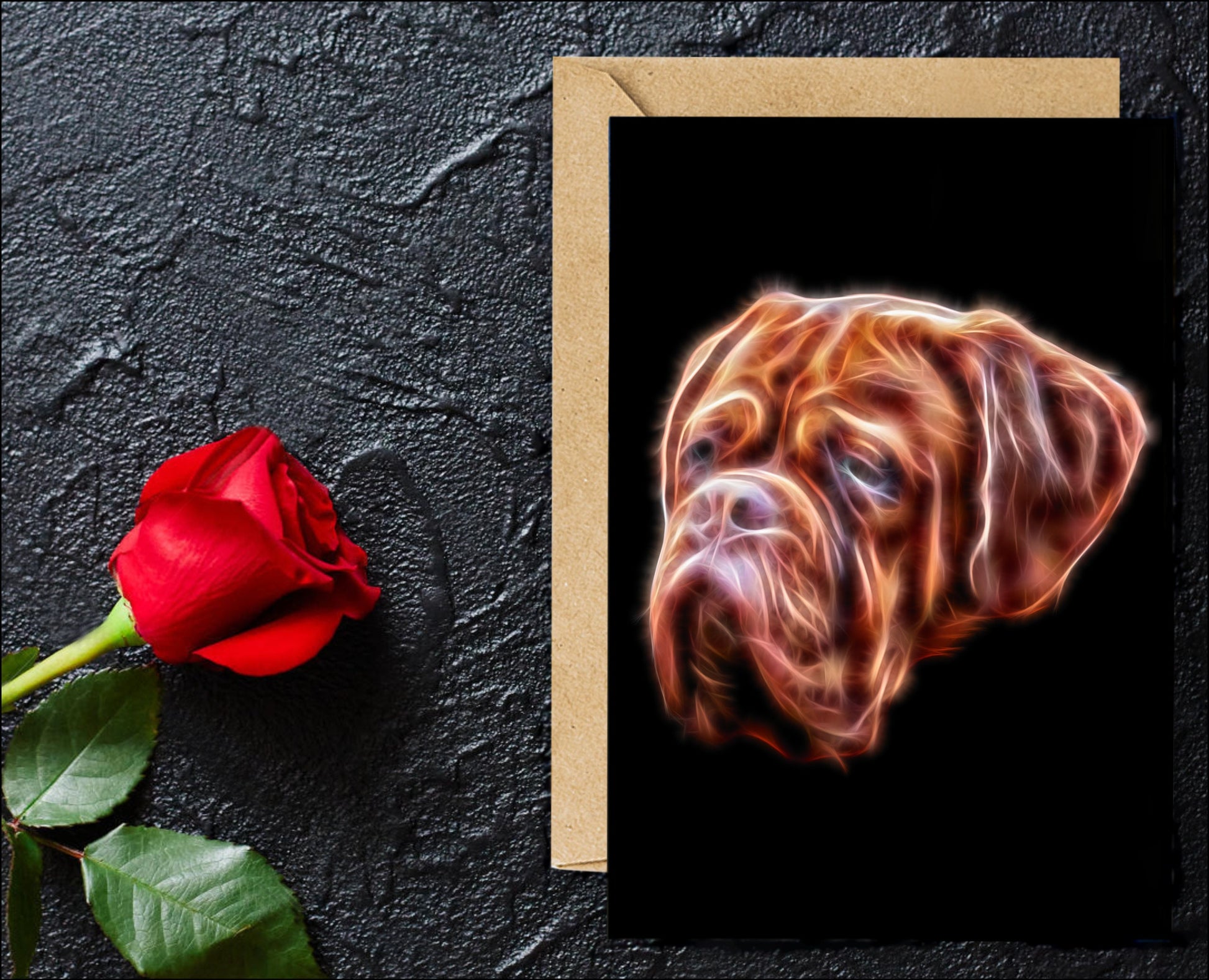 Dogue De Bordeaux Greeting Card with Stunning Fractal Art Design. Blank Inside for Birthdays or any other Occasion